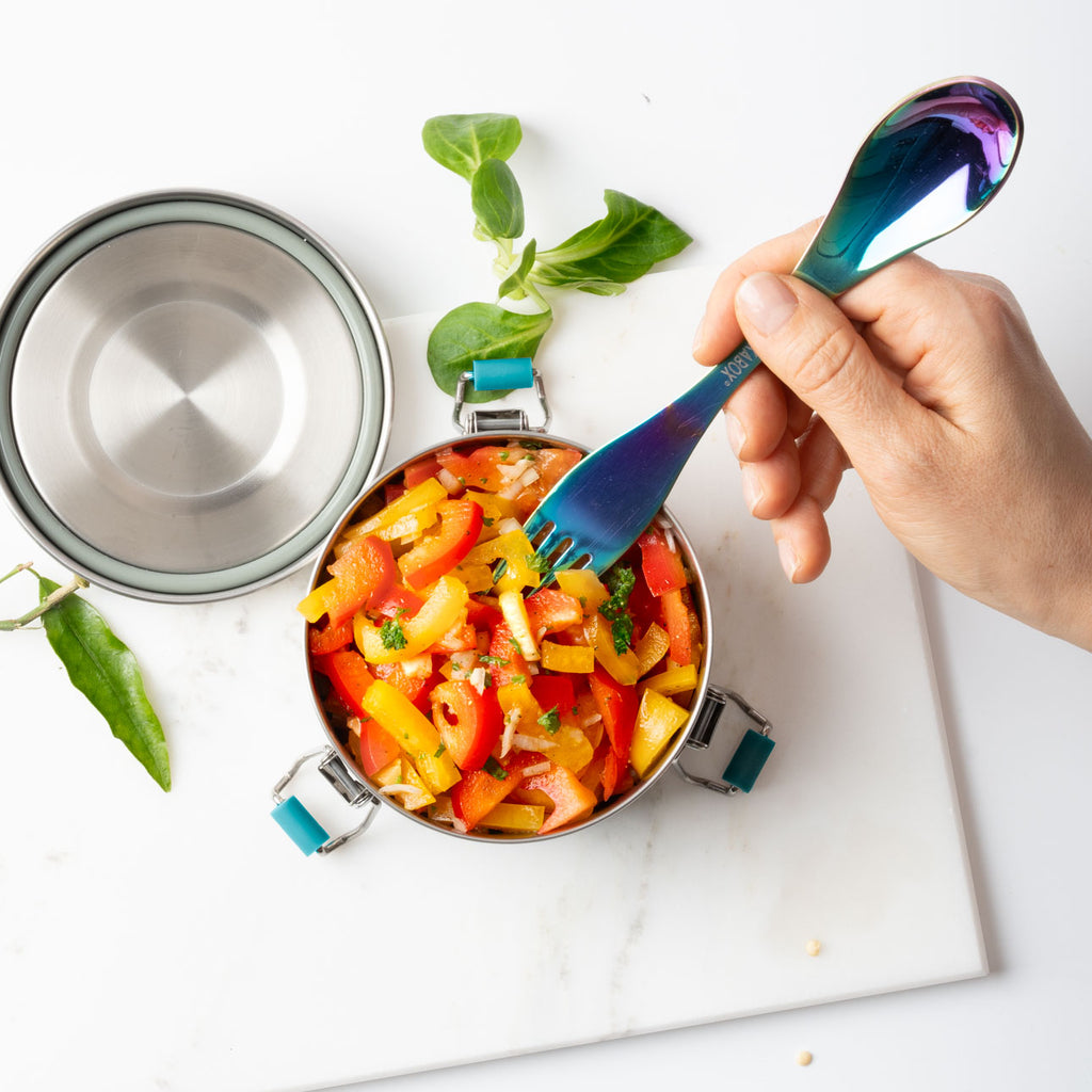 Veľká nerezová vidličko-lyžička dúhová