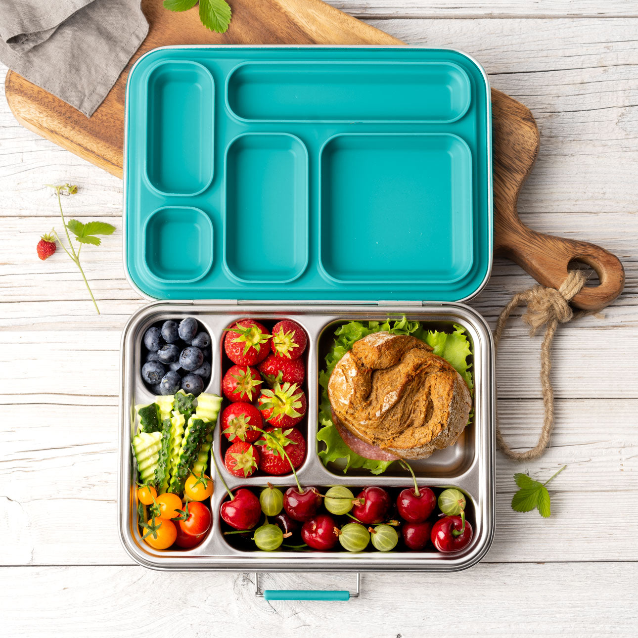 Lekkabox GRANDE - nerezový box s 5 oddeleniami - petrolejová