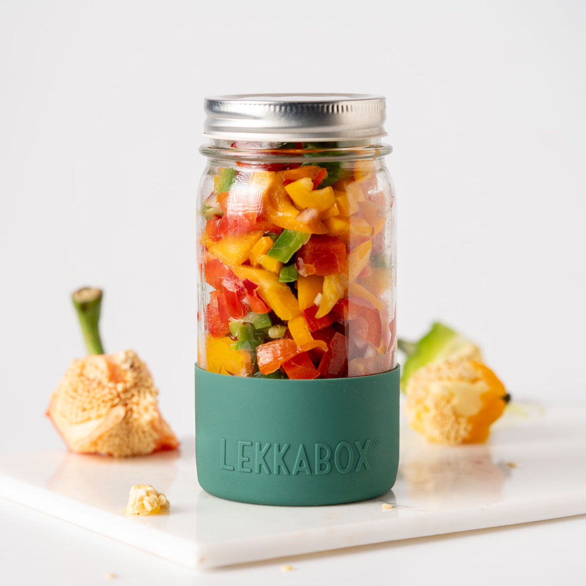 Lekkabox Meal Prep - sklenená nádoba s viečkom so silikónovým chráničom  500ml les