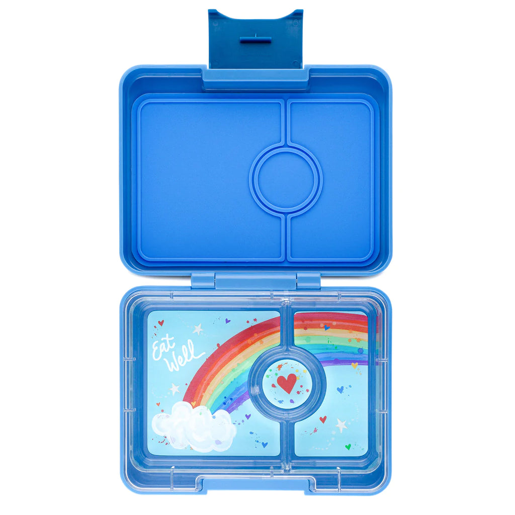 Yumbox Snack 3 oddelenia pravá modrá s potlačou (obláčiky)