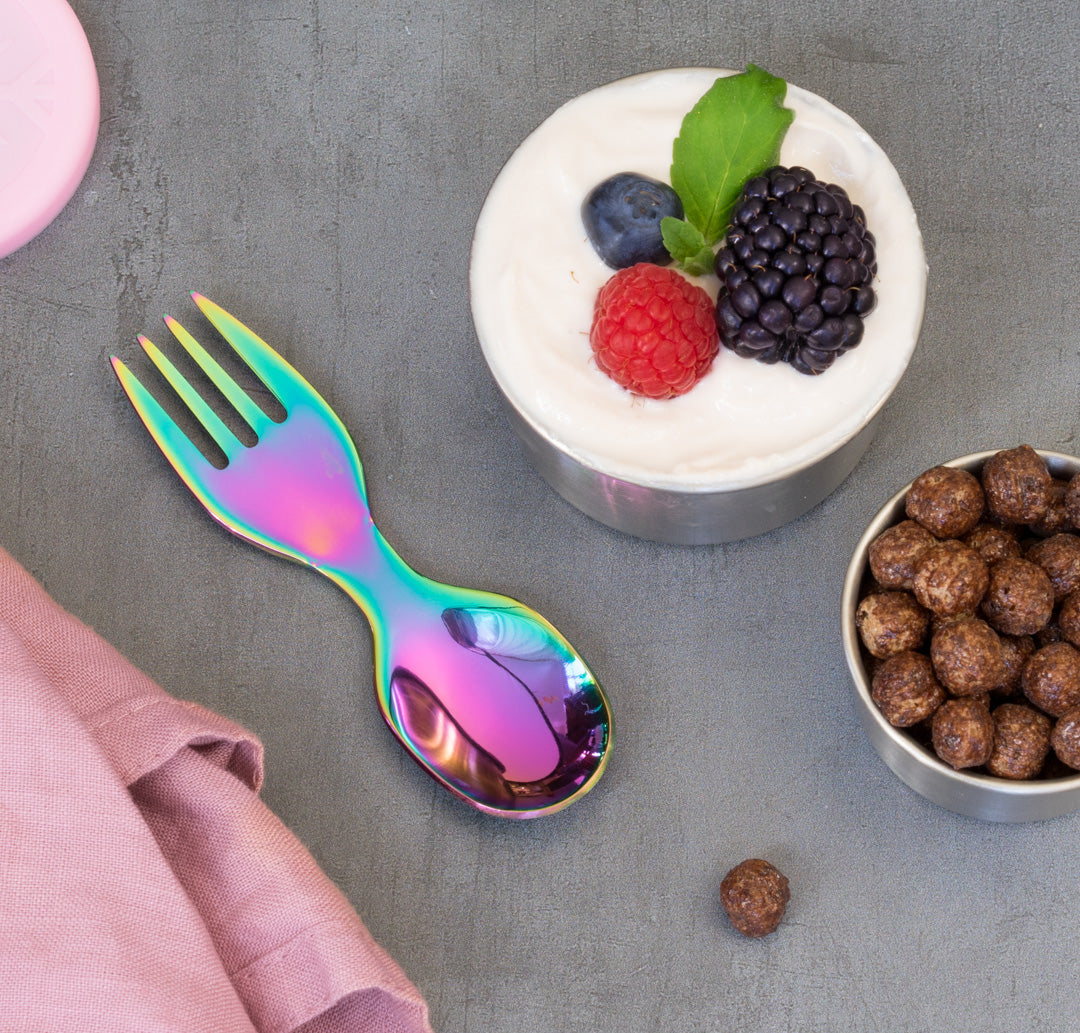 Mini nerezová vidličko-lyžička dúhová